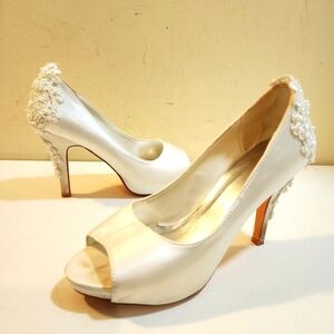 White Satin Peep Toe Heels Bridal Shoes size 38